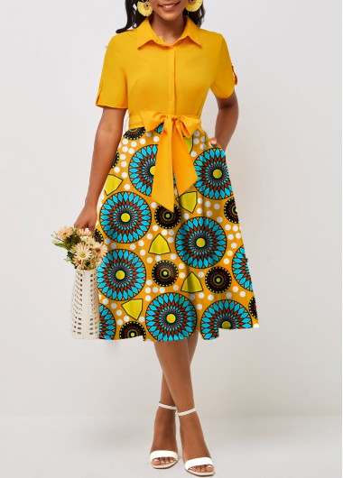 Tribal Print Pocket Belted Yellow Shirt Collar Dress