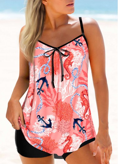 Tropical Plants Print Bowknot Coral Red Tankini Top