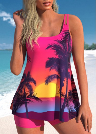 Tropical Plants Print Double Straps Tankini Top