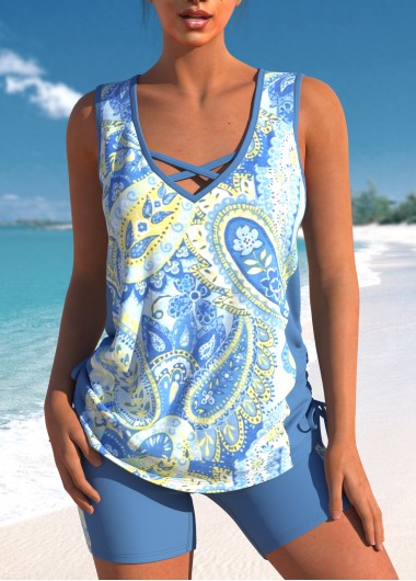 Paisley Print Criss Cross Dusty Blue Tankini Top