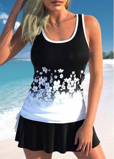 Floral Print Drawstring Black Tankini Top