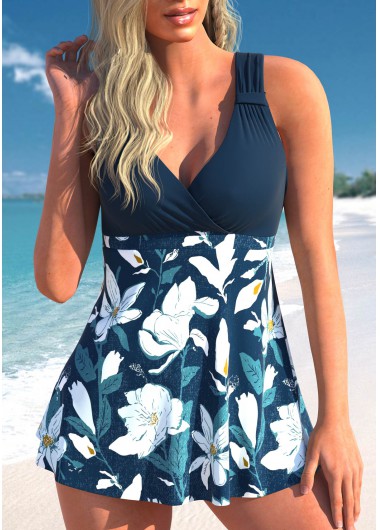 Floral Print Peacock Blue Swimdress Top
