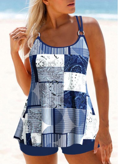 Paisley Print Metal Ring Navy Tankini Top