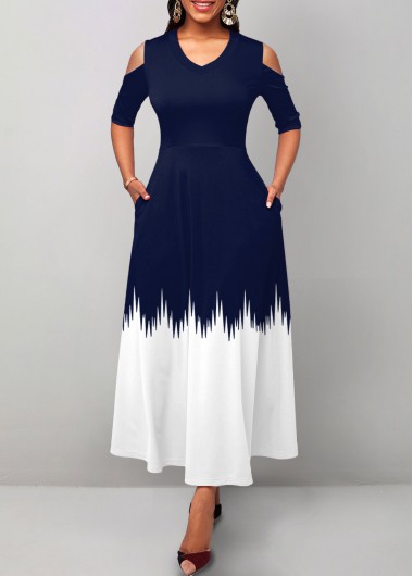 Geometric Print Pocket Navy V Neck Maxi Dress