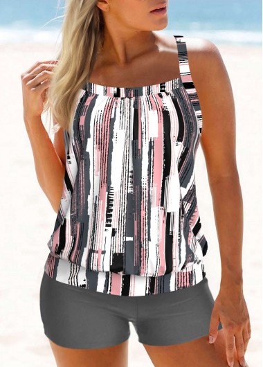 Geometric Print Criss Cross Grey Tankini Top