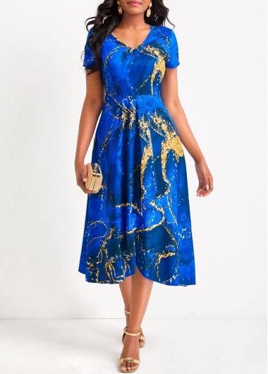Marble Print Cross Hem Blue V Neck Dress