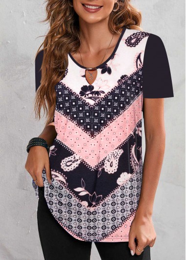 Paisley Print Cut Out Multi Color T Shirt