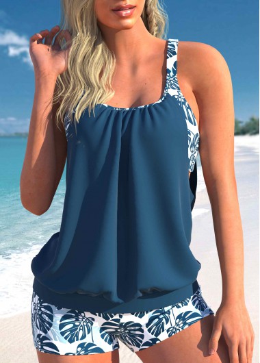 Peacock Blue Tropical Plants Print Metal Ring Tankini Top