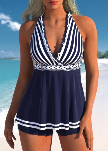 Tie Back Striped Frill Navy Tankini Top