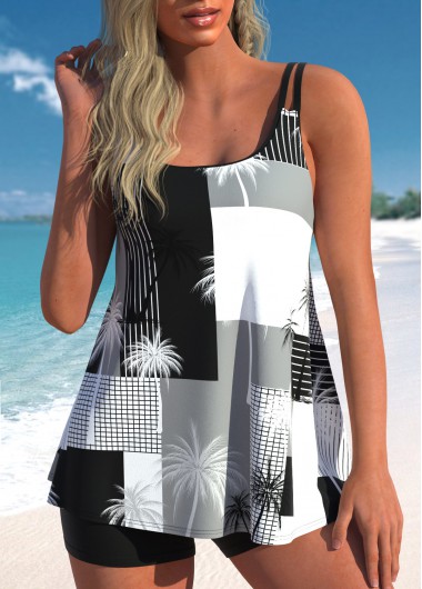 Tropical Plants Print Black Double Straps Tankini Top
