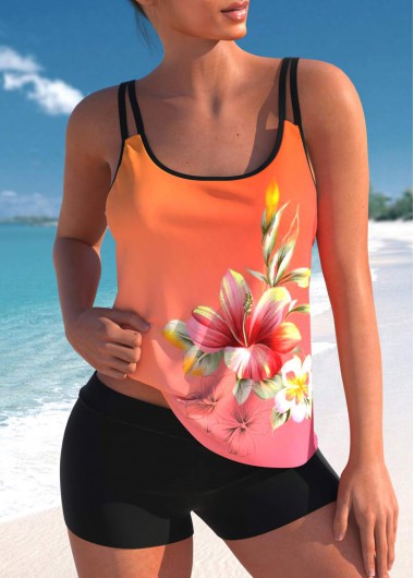 Floral Print Multi Color Double Straps Tankini Top
