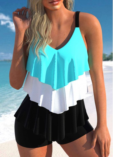 Handkerchief Hem Cyan Layered Tankini Top