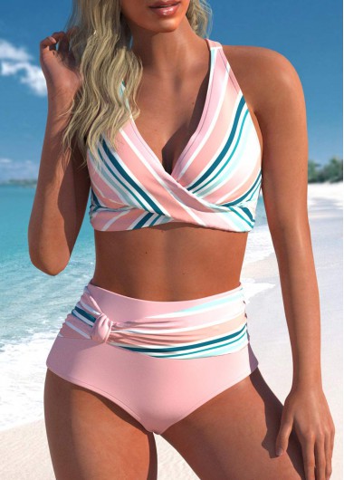 Multi Stripe Print Criss Cross Bikini Top