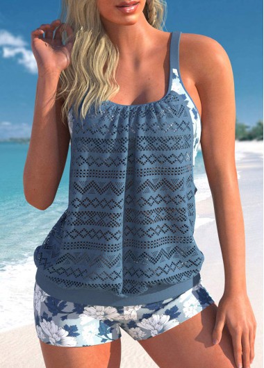 Floral Print Lace Dusty Blue Tankini Top