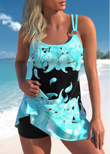 Paisley Print Metal Ring Cyan Swimdress Top