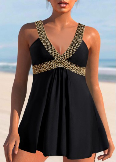 ROTITA Patchwork Wide Strap Black Swimdress Top