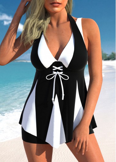 Contrast Lace Up Black Swimdress Top