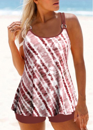 Tie Dye Print Patchwork Deep Red Tankini Top