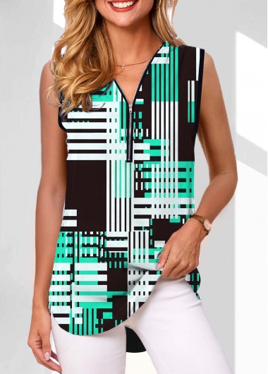 Striped Zipper Black V Neck Tank Top
