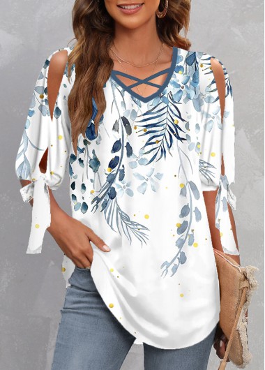 Floral Print Criss Cross White V Neck Blouse