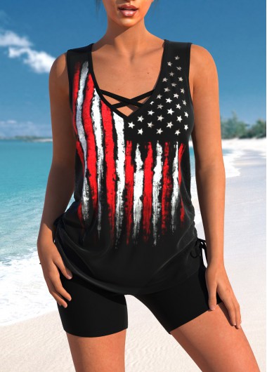 ROTITA Criss Cross Black American Flag Print Tankini Top