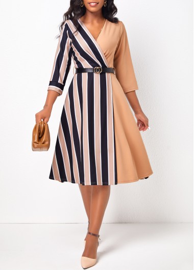 Striped V Neck 3/4 Sleeve Belted Light Coffee Dress
