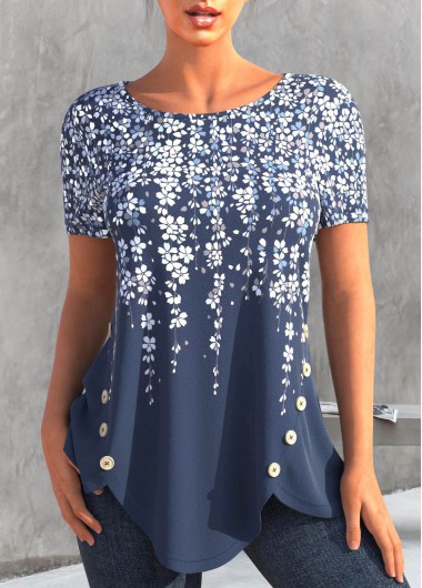 Floral Print Asymmetry Denim Blue T Shirt