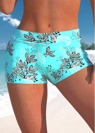 Cyan Mid Waisted Leaf Print Swim Shorts