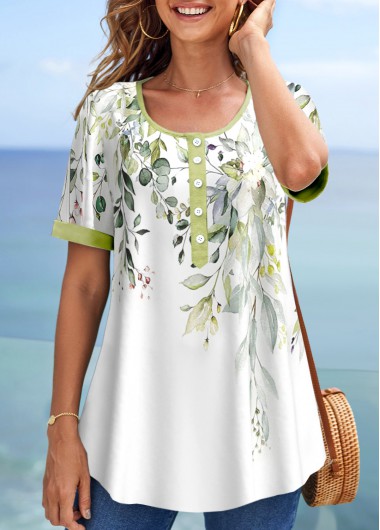 Floral Print Contrast Binding Light Green T Shirt