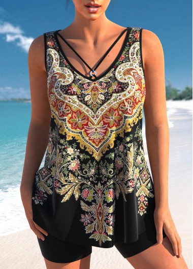 Tribal Print Metal Ring Black Tankini Top