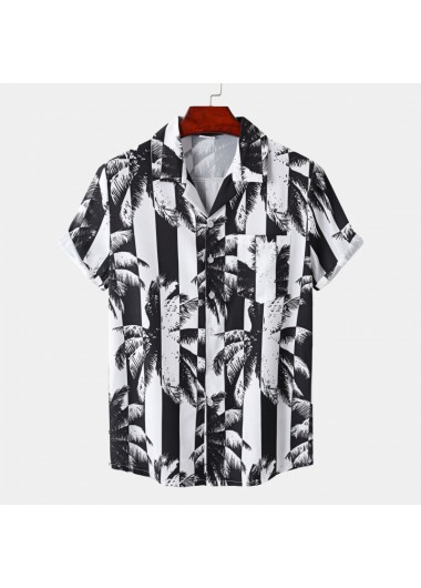 Tropical Plants Print Lightweigh Black Shirt Collar Blouse