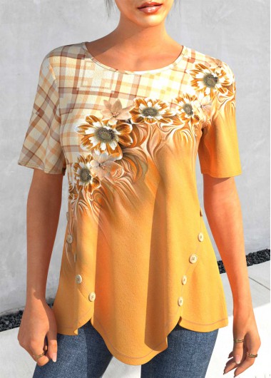 Sunflower Print Button Ginger Round Neck T Shirt