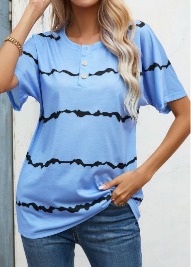 Button Striped Light Blue Round Neck T Shirt