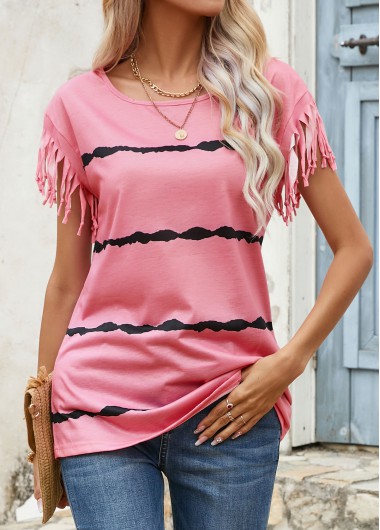 Striped Tassel Pink Round Neck T Shirt