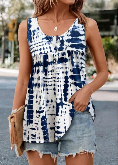 Tie Dye Print Button Dark Blue Tank Top
