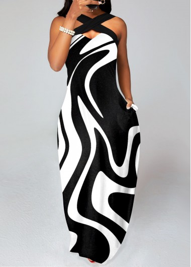 Geometric Print Criss Cross Black Maxi Dress