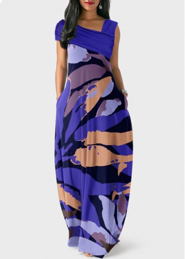 Leaf Print Ruched Purple Maxi Dress