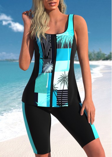 Tropical Plants Print Zipper Cyan Tankini Top