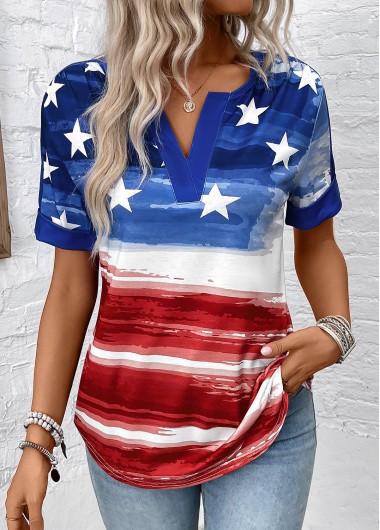 ROTITA Flag Print Dark Blue Split Neck Blouse