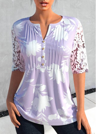 Floral Print Tuck Stitch Light Purple Blouse