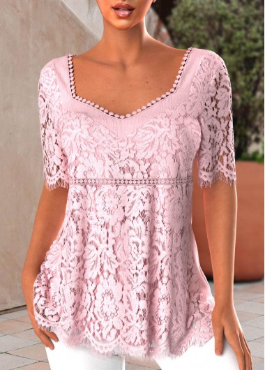 Light Pink Heart Collar Short Sleeve Lace Blouse