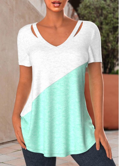 Mint Green Patchwork V Neck T Shirt
