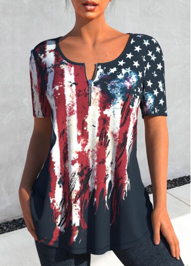 Flag Print Zipper Multi Color T Shirt