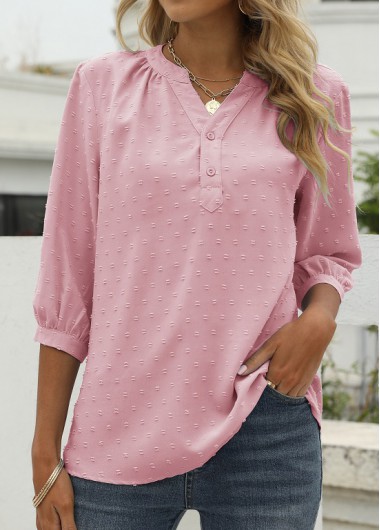Split Neck Pink 3/4 Sleeve T Shirt