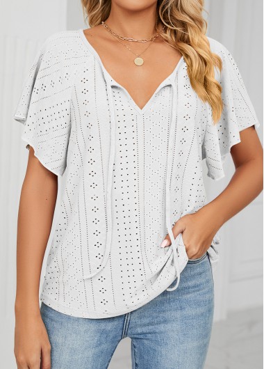Tie V Neck White Short Sleeve T Shirt