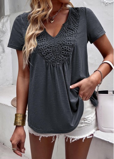 Dark Grey V Neck Lace T Shirt