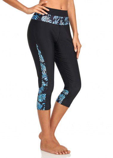 High Waisted Black Leaf Print Swim Capris