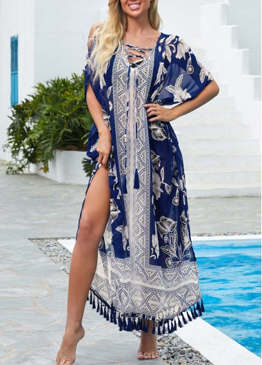 Tribal Print Tassel Tie Cold Shoulder Cover Up