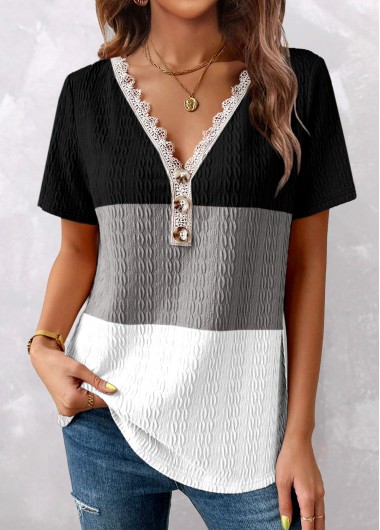 Patchwork V Neck Black Short Sleeve T Shirt