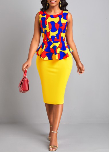 Geometric Print Split Yellow Round Neck Bodycon Dress